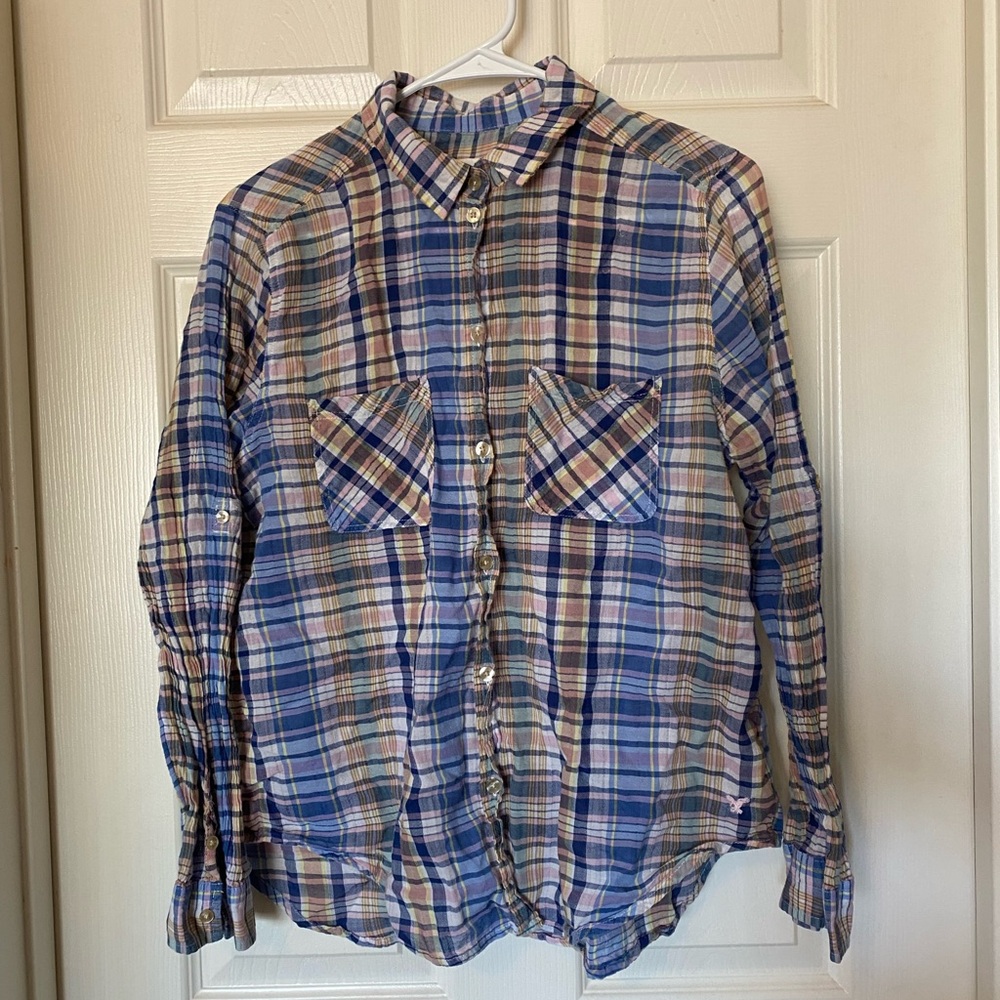 American Eagle Outfitters Blue and Tan Casual Button Down Shirt